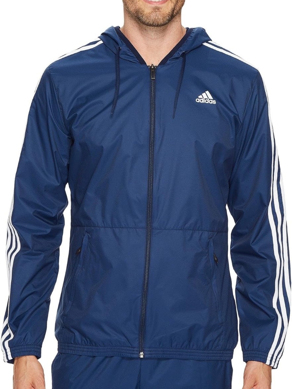 adidas Navy Hooded Windbreaker with White Stripe Accents